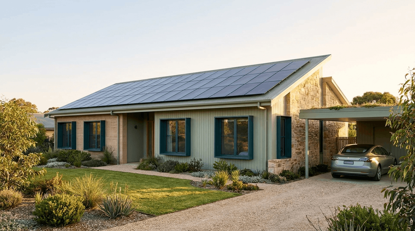 Modern eco-friendly house with integrated solar panels